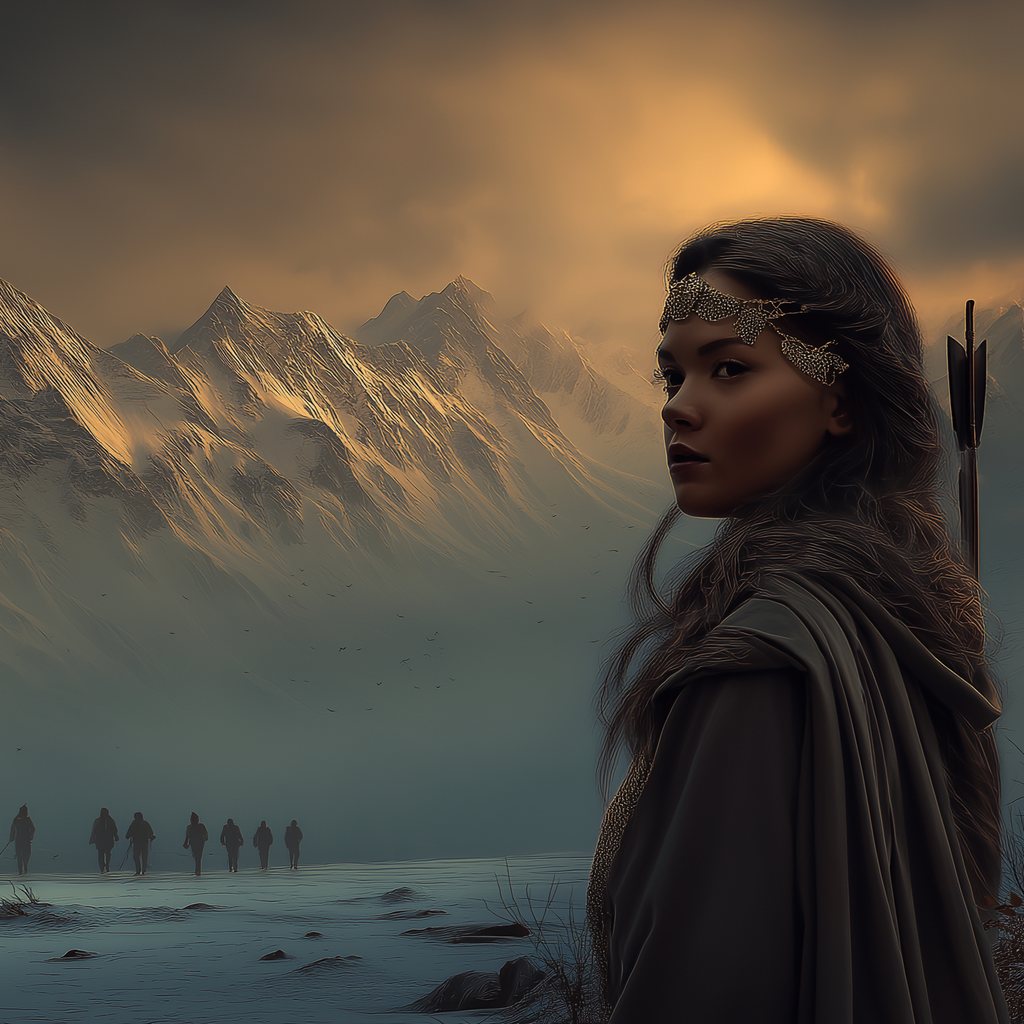 The Mammoth Steppes — Diana gazing across snowy peaks and travelers on the frozen tundra